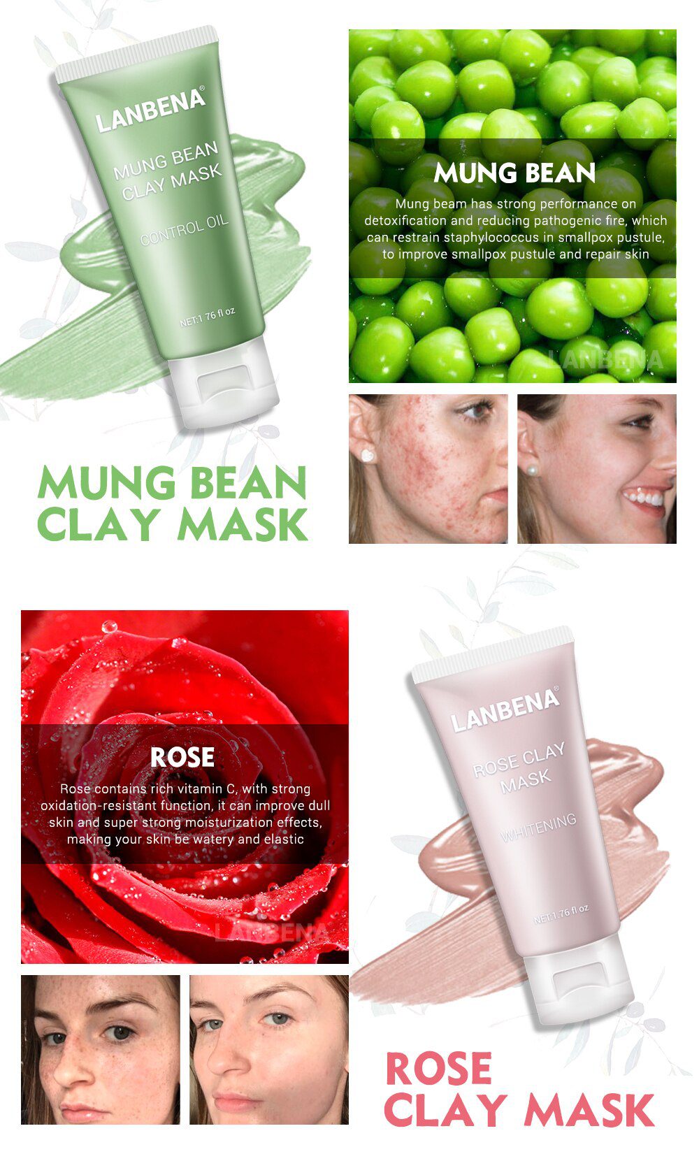 LANBENA Mung Bean Clay Face Mask+Bamboo Charcoal+Blueberry+Rose Deep Cleaning Remove Grease Shrinks Pores Nourishing Skin Care LANBENA Mung Bean Clay Face Mask+Bamboo Charcoal+Blueberry+Rose Deep Cleaning Remove Grease Shrinks Pores Nourishing Skin Care