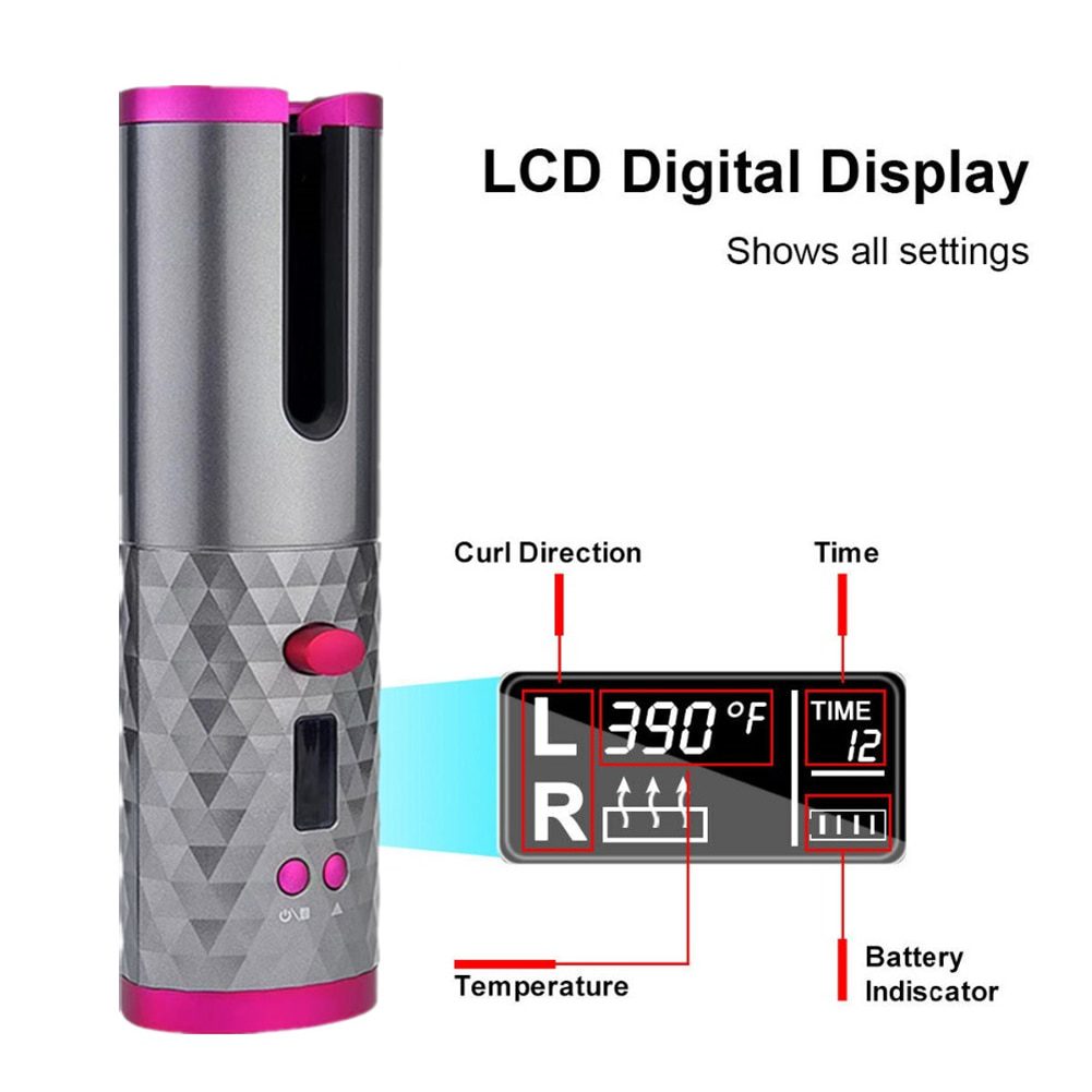 Portable Wireless Automatic Curling Iron Hair Curler USB Rechargeable for LCD Display Curly Machine with 1 Comb+2pc Clips