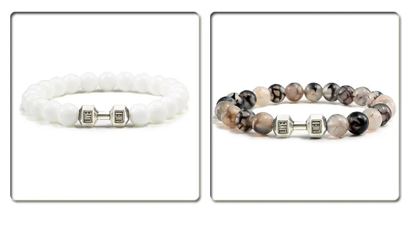Natural Volcanic Stone Bracelet Men Matte Black Lave White Beads Charm Dumbbell Strand Bracelets Women Barbell Fitness Jewelry