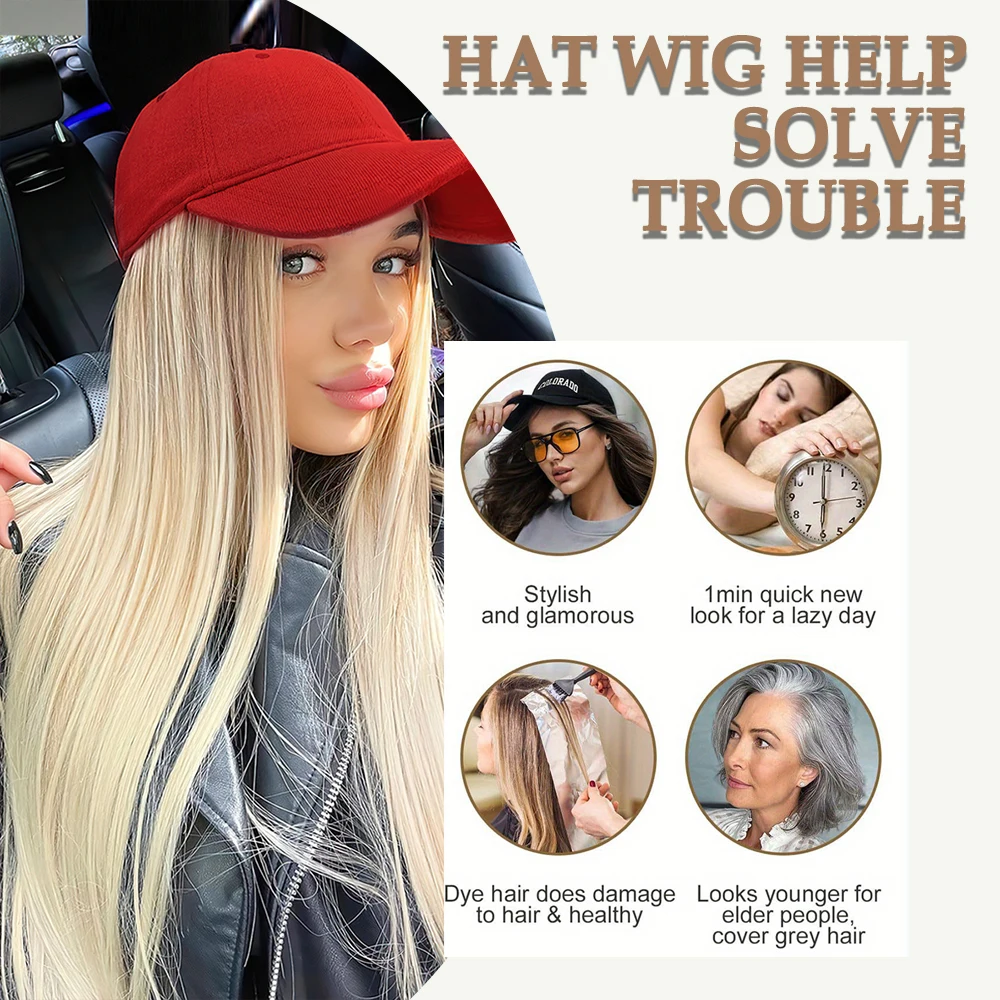 Hat Wig, Baseball Hats Wigs For Women, Synthetic Long Straight Hair With Hat Cap Attached, Hat And Wig, Natural Look Hat Wig, Baseball Hats Wigs For Women, Synthetic Long Straight Hair With Hat Cap Attached, Hat And Wig, Natural Look