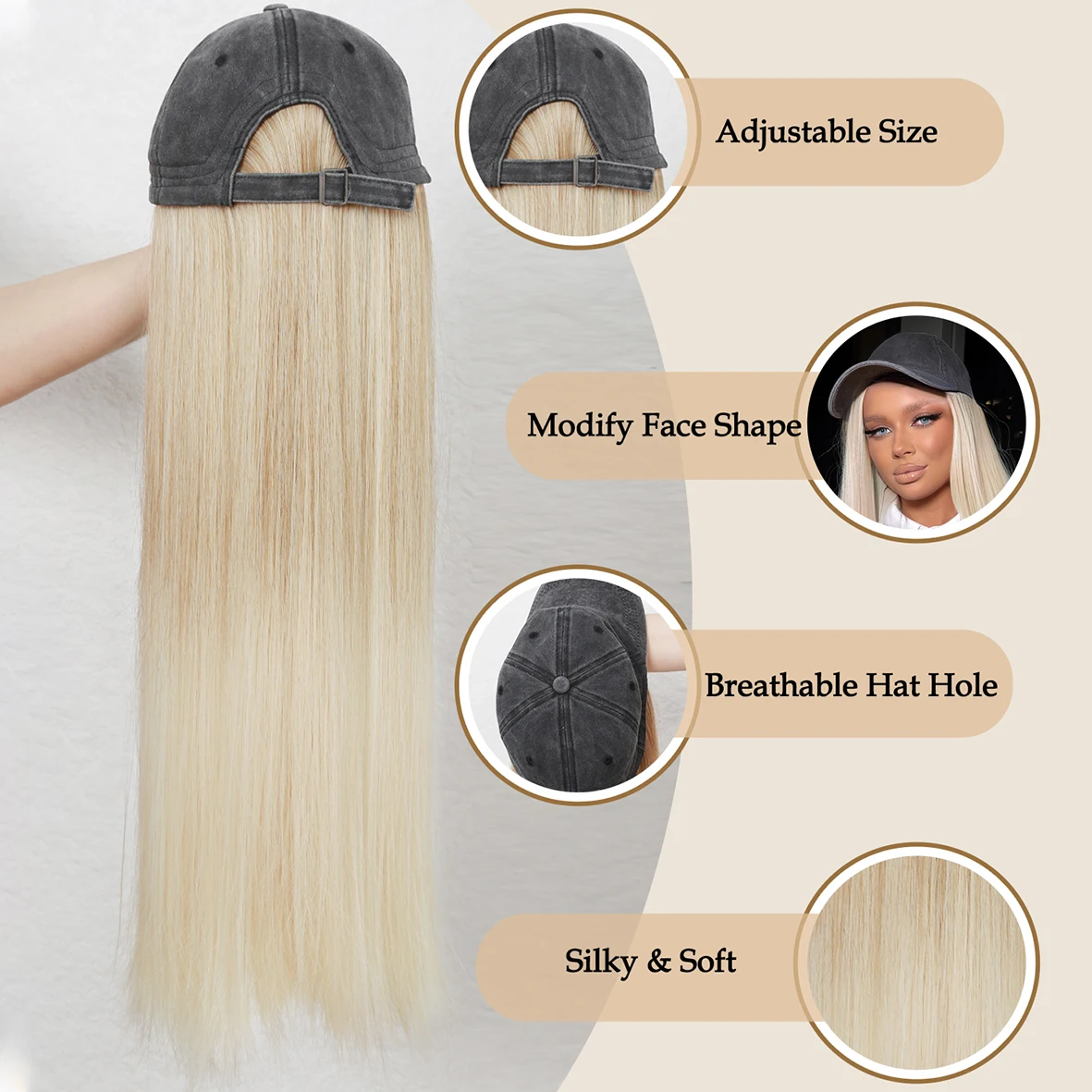 Hat Wigs 26 Inch Long Straight Hair Wigs With Baseball CapAttached For Women Adjustable Baseball Cap With Synthetic Hair Extensi Hat Wigs 26 Inch Long Straight Hair Wigs With Baseball CapAttached For Women Adjustable Baseball Cap With Synthetic Hair Extensi