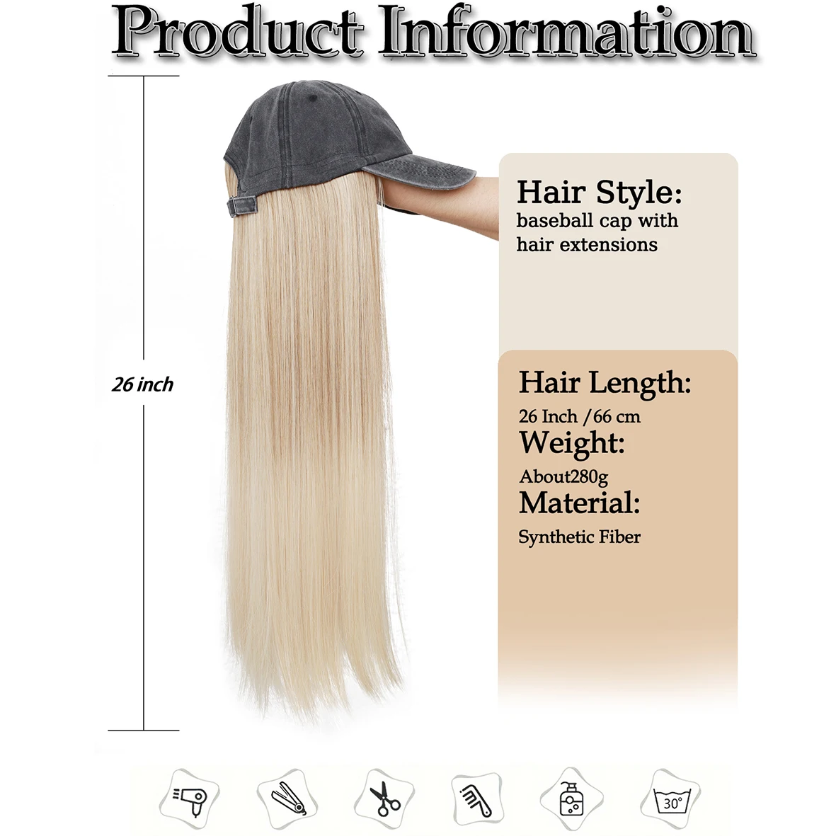 Hat Wigs 26 Inch Long Straight Hair Wigs With Baseball CapAttached For Women Adjustable Baseball Cap With Synthetic Hair Extensi Hat Wigs 26 Inch Long Straight Hair Wigs With Baseball CapAttached For Women Adjustable Baseball Cap With Synthetic Hair Extensi