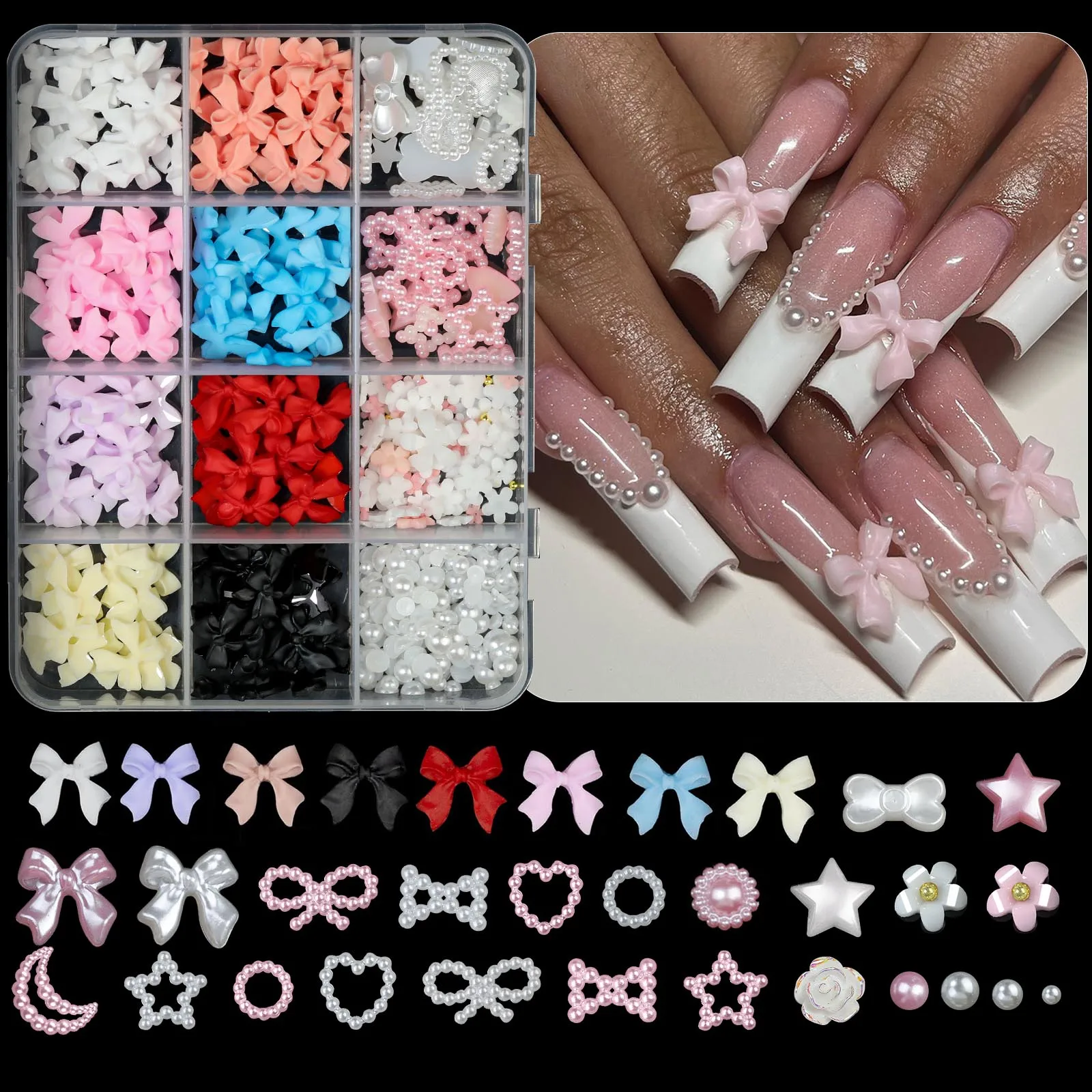 12Grids/box Mixed Resin Bowknot Nail Art Decorations 3D Acrylic Charms Kawaii Colorful Bow Rhinestone DIY Manicure Tools Parts 12Grids/box Mixed Resin Bowknot Nail Art Decorations 3D Acrylic Charms Kawaii Colorful Bow Rhinestone DIY Manicure Tools Parts
