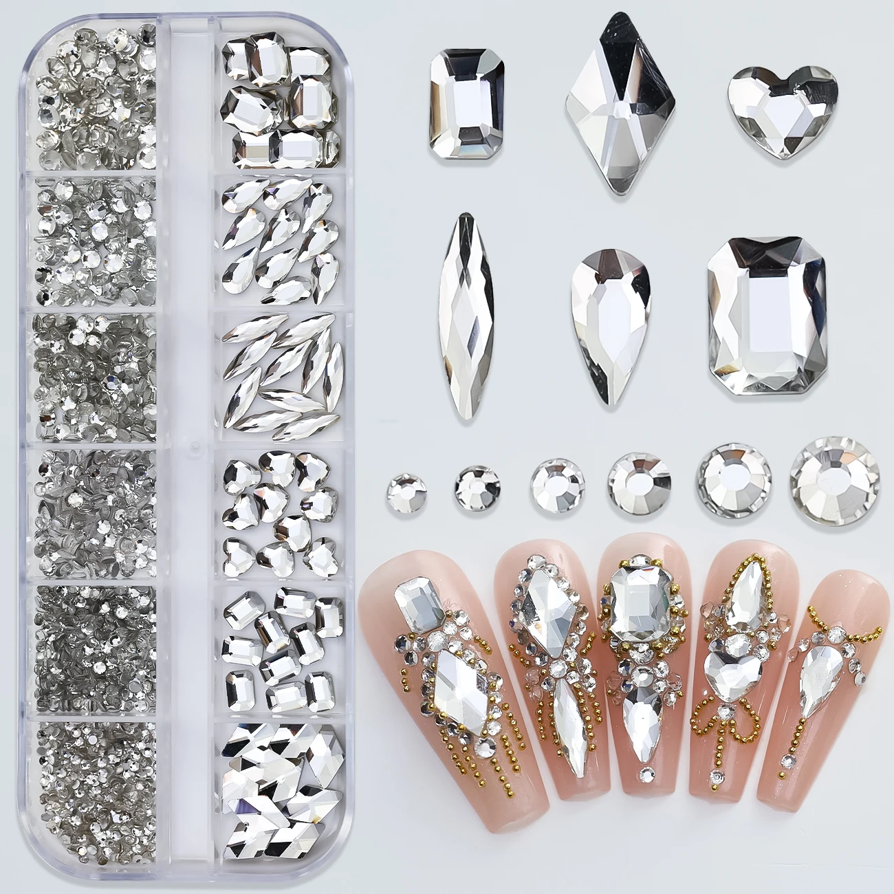 Hot Selling 12 Grids Nail Art Rhinestones Jewelry Set Multi-shapes Colorful Flatback Nail Charms Diamonds 3D Nails Accessories Hot Selling 12 Grids Nail Art Rhinestones Jewelry Set Multi-shapes Colorful Flatback Nail Charms Diamonds 3D Nails Accessories