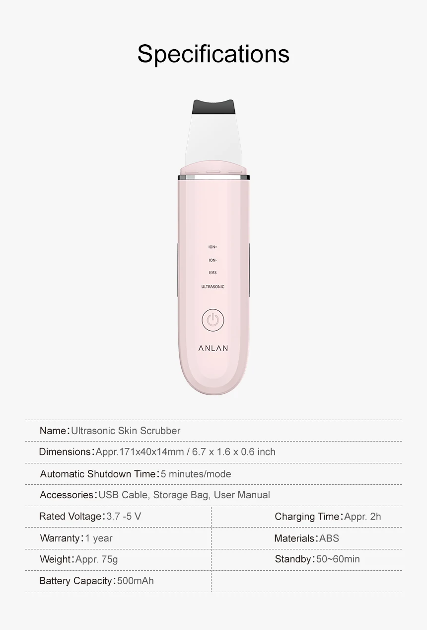 ANLAN Ultrasonic Skin Scrubber Deep Cleaning Peeling Shovel Limpiador Facial Skin Care Face Lifting Machine Ultrasonic Cleaner
