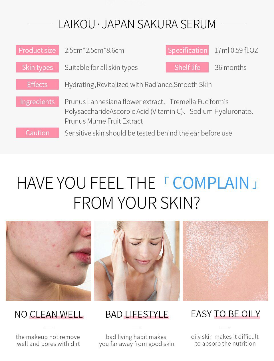 LAIKOU 17ML Japan Sakura Serum Nourish Essense Oil Control Brightening Rejuvenation Skin Whitening Serum Skin Care Facecare LAIKOU 17ML Japan Sakura Serum Nourish Essense Oil Control Brightening Rejuvenation Skin Whitening Serum Skin Care Facecare